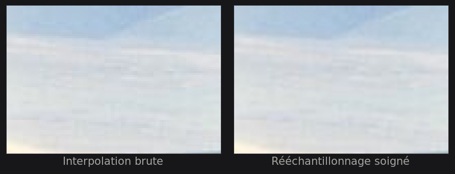 Le même détail agrandi quatre fois, sans puis avec un rééchantillonnage soigné.